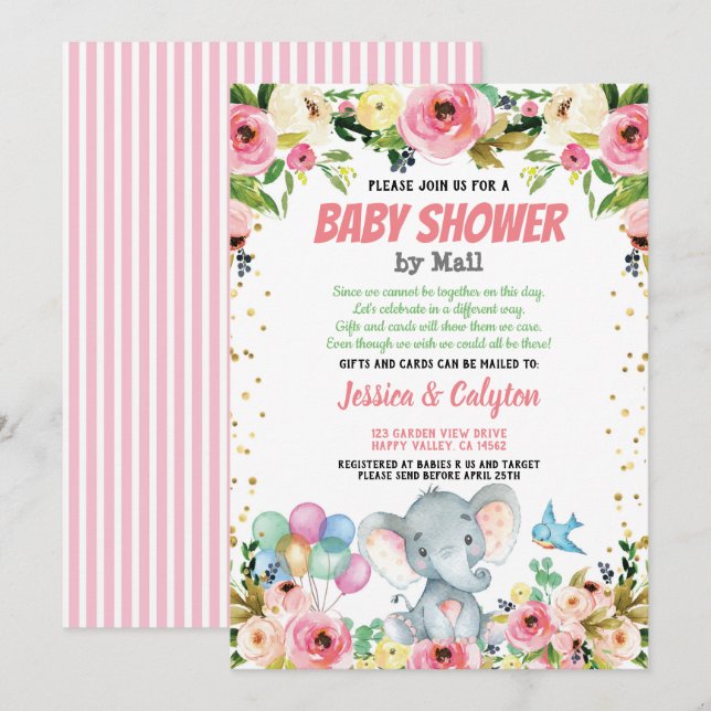 Elephant girl baby shower by mail pink rose invitation (Front/Back)