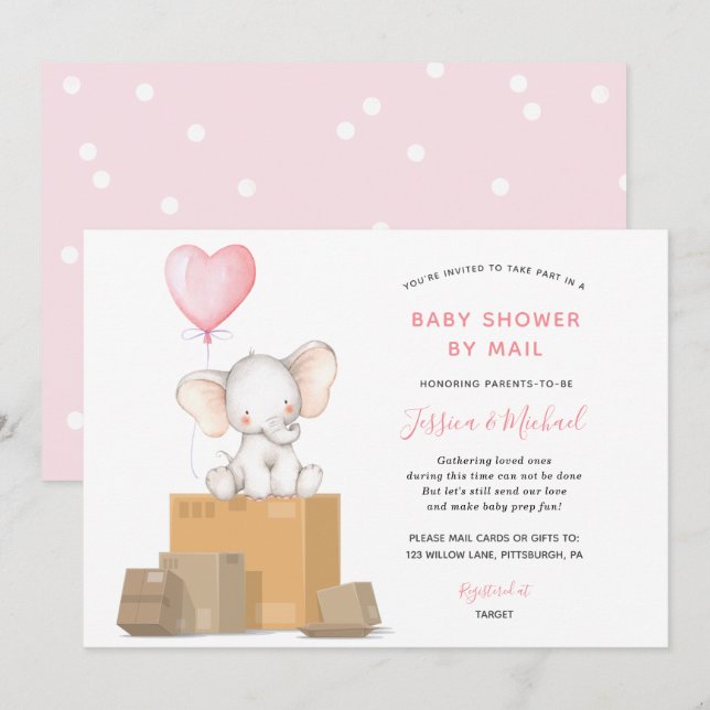 Elephant Girl Baby shower par invitation par courr (Devant / Derrière)