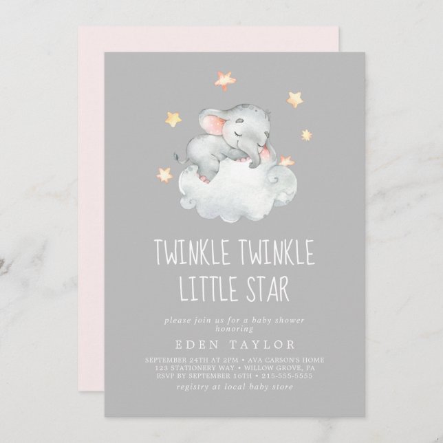 Elephant Girl | Grey Twinkle Twinkle Little Star Invitation (Front/Back)