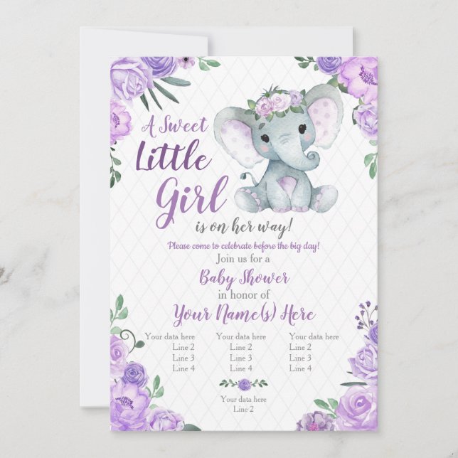 Elephant Girl Invitation, Floral rustic, purple Invitation (Front)