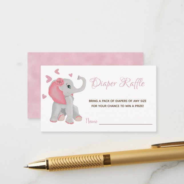 Elephant Girl Pink Baby Shower Diaper Raffle Cards (Front/Back In Situ)