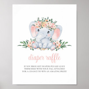 Elephant Girl Pink Baby Shower Diaper Raffle Sign