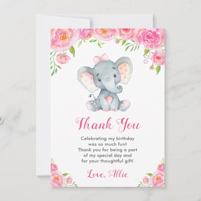 Elephant Girl Pink Birthday Party Little Peanut Thank You Card (Front)