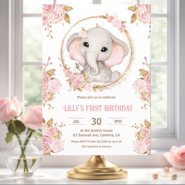 Elephant Girl Pink Floral 1st Birthday Invitation (Elephant Girl Pink Floral 1st Birthday Invitation)