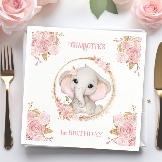 Elephant Girl Pink Floral 1st Birthday Napkins (Elephant Girl Pink Floral 1st Birthday Napkins)