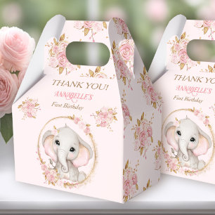 Elephant Girl Pink Gold Floral 1st Birthday Favor Box
