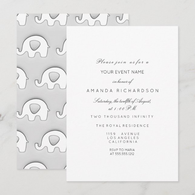 Elephant Glitter Baby Shower Girl Grey Grey White Invitation (Front/Back)