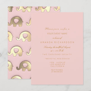 Elephant Glitter Pink Gold Birthday Shower Glass Invitation