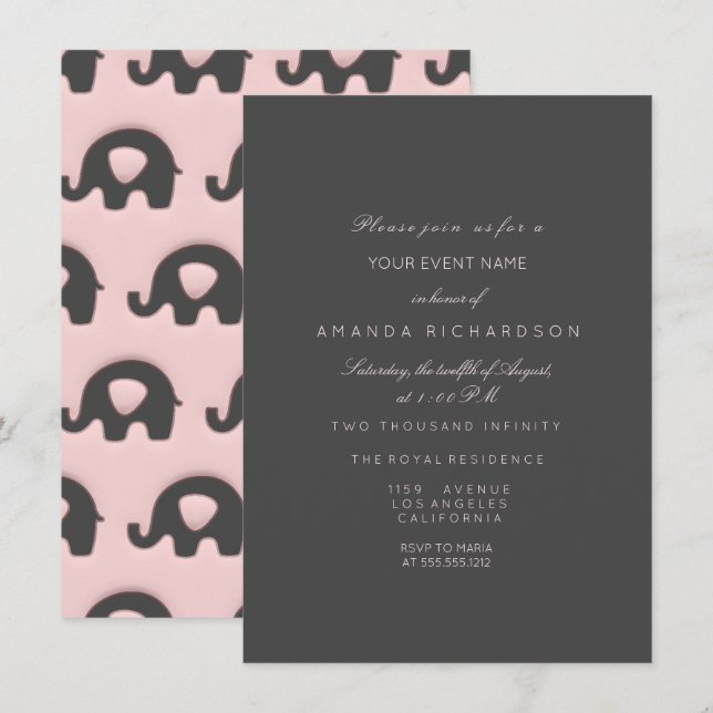 Elephant Glitter Pink Rose Baby Shower Girl Grey Invitation (Front/Back)