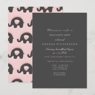 Elephant Glitter Pink Rose Baby Shower Girl Grey Invitation