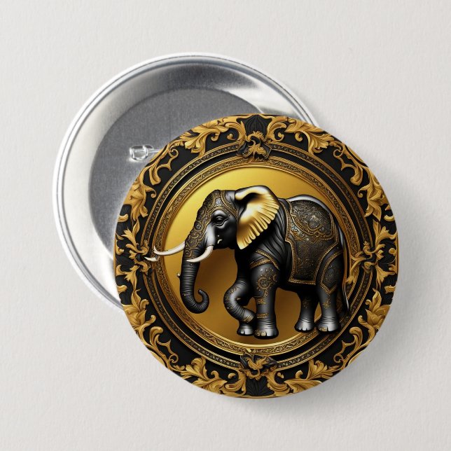 Elephant gold ornamental frame 3 inch round button (Front & Back)