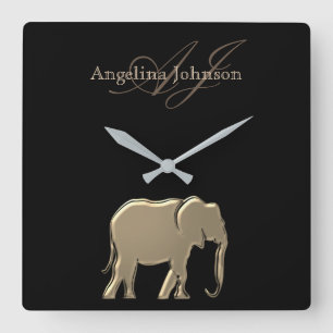 Elephant Golden Black Monogram Elegant Luxurious Square Wall Clock