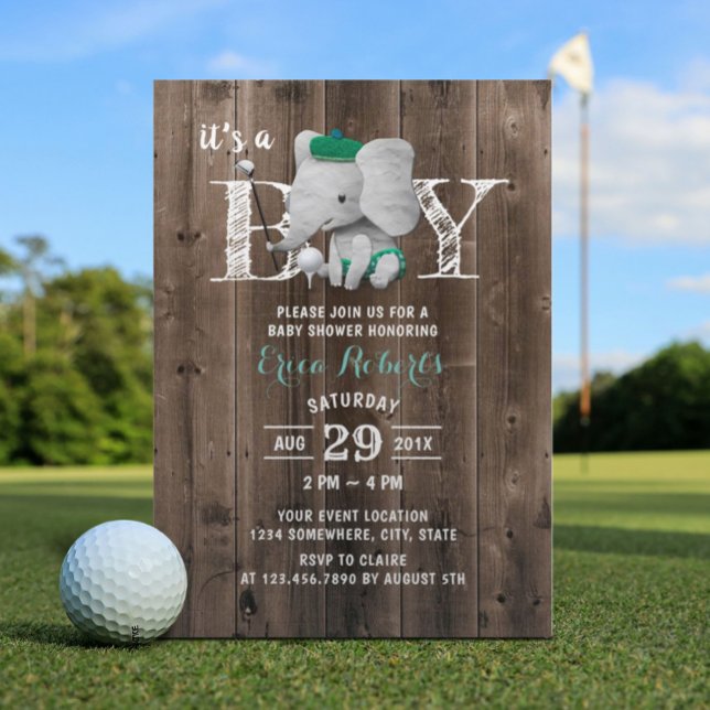Elephant Golf Boy Rustic Barn Wood Baby Shower Invitation (Creator Uploaded)
