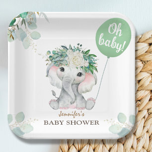 Elephant Green Balloon Gender Neutral Baby Shower Paper Plate