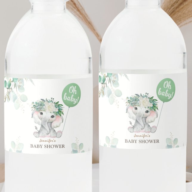 Elephant Green Balloon | Oh Baby Baby Shower Water Water Bottle Label (Creator Uploaded)