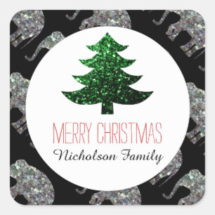 Elephant Green Christmas tree sparkles Gift Tag