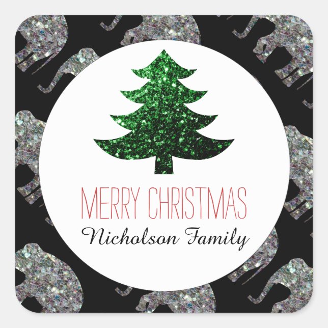 Elephant Green Christmas tree sparkles Gift Tag (Front)