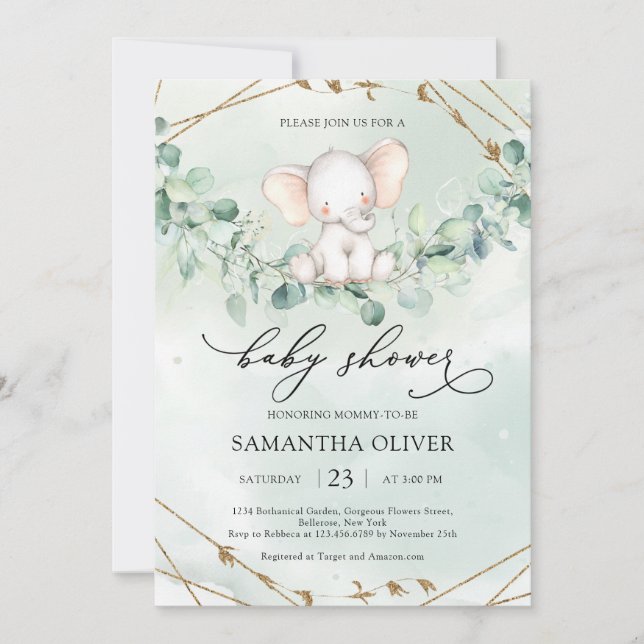 Elephant Greenery Eucalyptus Gold Geometric Baby Invitation (Front)