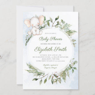 Elephant Greenery Foliage Boy Blue Baby Shower  Invitation