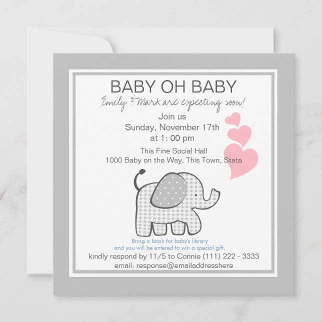Elephant Grey Gingham Baby Shower Invitation (Front)