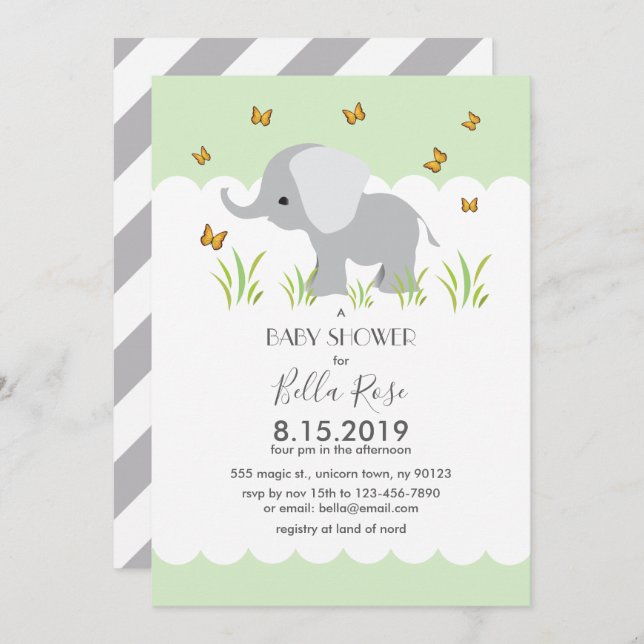 Elephant Grey Stripes Baby Shower Invite (Front/Back)