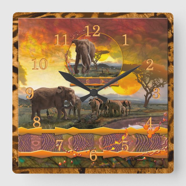 Elephant Guardian  “Bonds that Tie” Square Wall Clock (Front)