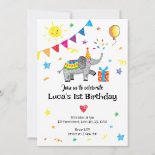 Elephant Hand Drawn First Birthday Invitation
