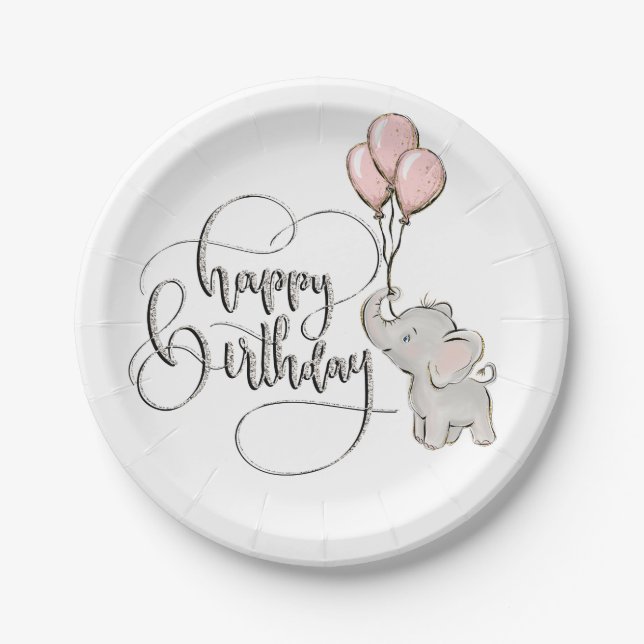 Elephant Happy Birthday Paper Plate (Front)