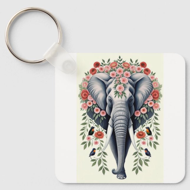 Elephant Head And Flowers  Keychain (Front)