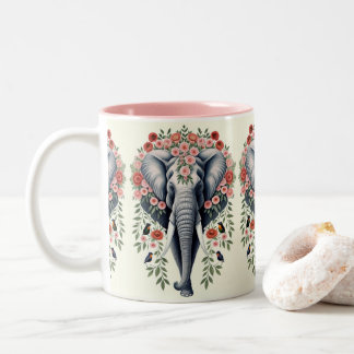 Elephant Head And Flowers  Two-Tone Coffee Mug