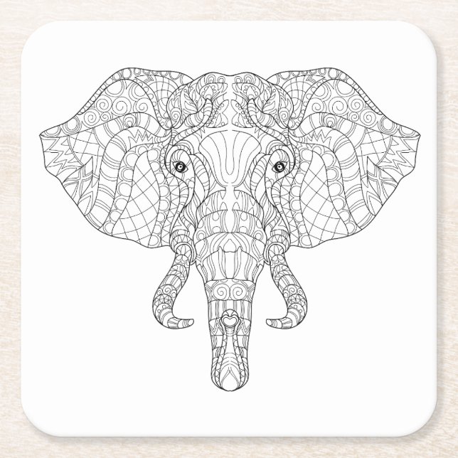 Elephant Head Doodle 2 Square Paper Coaster (Front)