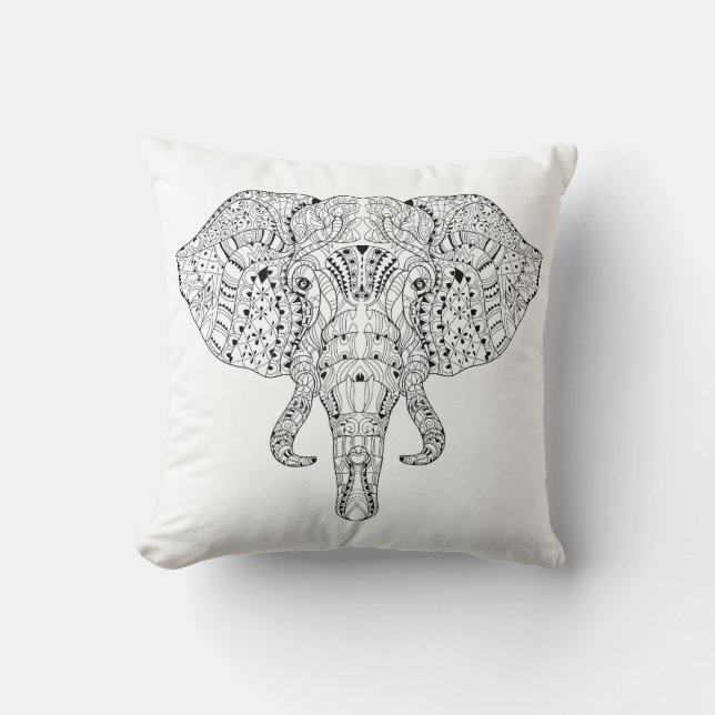 Elephant Head Doodle Sketch Throw Pillow (Front)