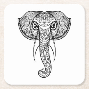 Elephant Head Doodle Square Paper Coaster