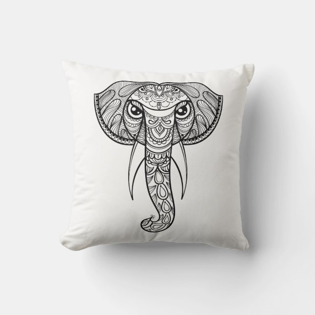Elephant Head Doodle Throw Pillow (Front)