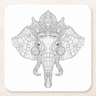 Elephant Head Zendoodle Square Paper Coaster