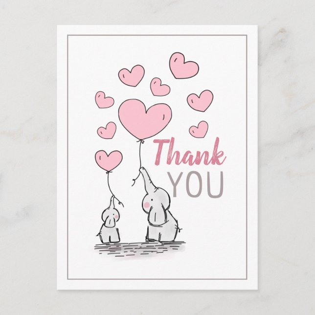 Elephant Hearts Baby Shower Thank You Postcard (Front)