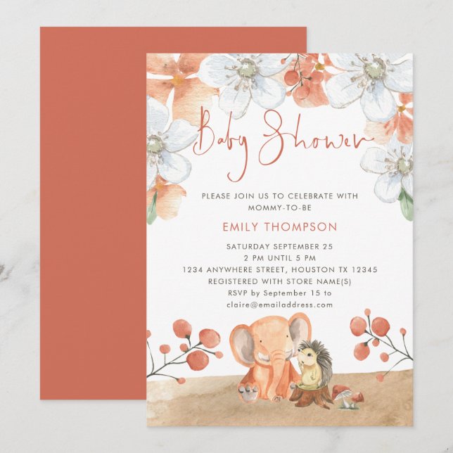 Elephant Hedgehog Florals Coral Girl Baby Shower Invitation (Front/Back)
