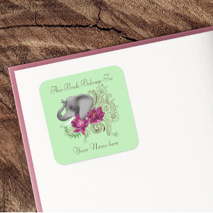 Elephant Henna Lotus Flowers Bookplate Square Sticker