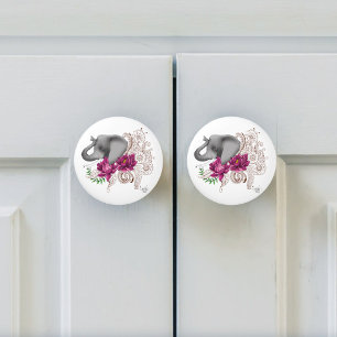 Elephant Henna Lotus Flowers Ceramic Knob