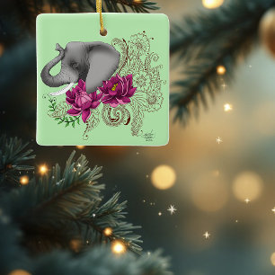 Elephant Henna Lotus Flowers Ceramic Ornament