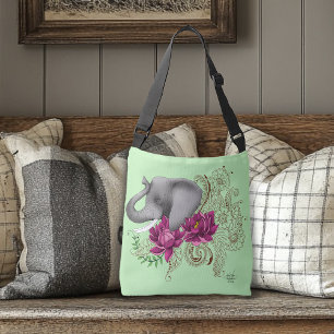 Elephant Henna Lotus Flowers Crossbody Bag