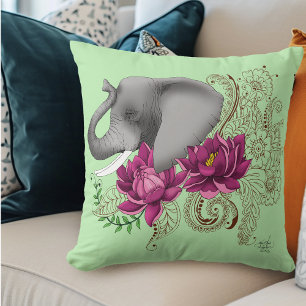 Elephant Henna Lotus Flwoers Throw Pillow