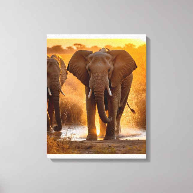  Elephant Herd at Watering Hole Canvas Print (Front)