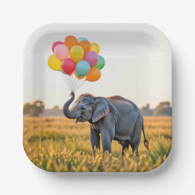Elephant Holding A Birthday Balloon Bouquet Paper Plate (Front)