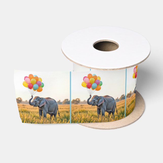 Elephant Holding A Birthday Balloon Bouquet Satin Ribbon (Spool)