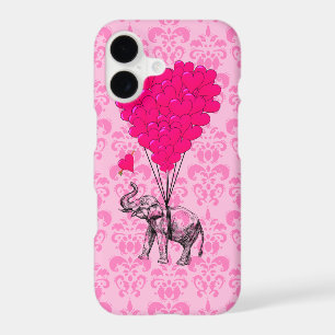 Elephant holding heart on pink damask