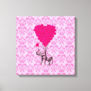 Elephant holding heart on pink damask canvas print