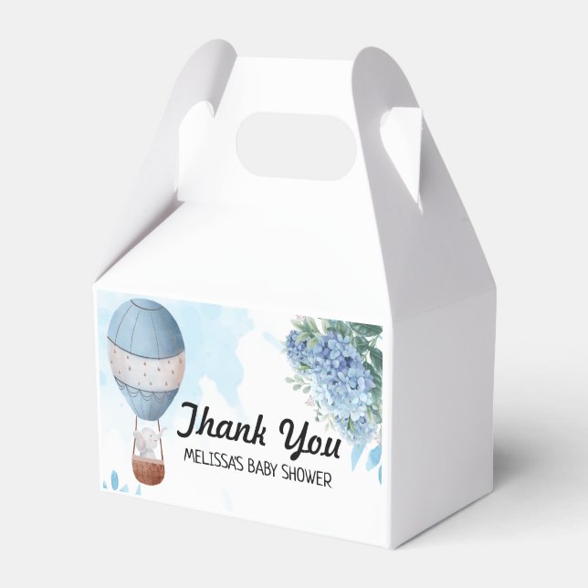 Elephant hot air balloon blue hydrangea thank you favor box (Front Side)
