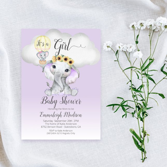 Elephant Hot Air Balloon Girl Baby Shower | Purple Invitation (Creator Uploaded)