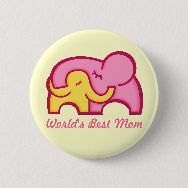 Elephant hug best mom button badge yellow pink (Front)
